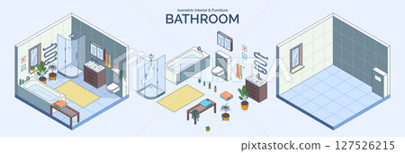 Cartoon Color Bathroom Room Interior and Furniture Concept 3d Isometric View Line Elements. Vector illustration of Bathtub, Sink and Toilet Cartoon Color Bathroom Room Interior and Furniture Concept 3d Isometric View Line Elements. Vector illustration of Bathtub, Sink and Toilet 127526215