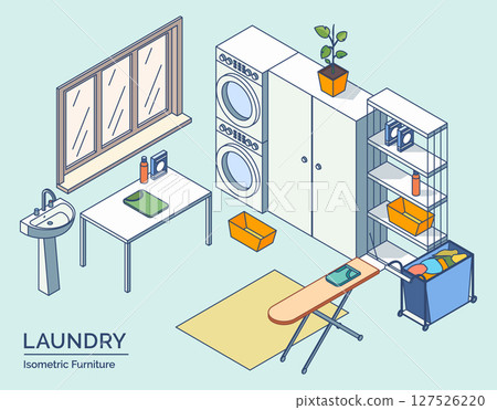 Cartoon Color Laundry Room Furniture Setting Concept 3d Isometric View Line Elements. Vector illustration of Washing Machine 127526220