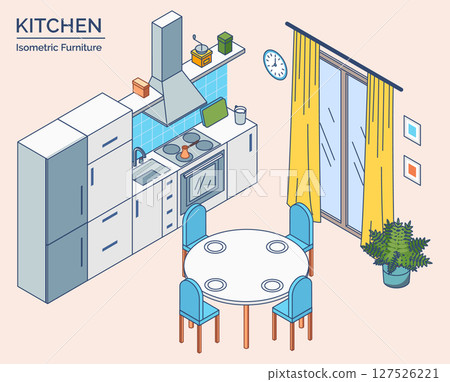 Cartoon Color Kitchen Room Furniture Setting Concept 3d Isometric View Line Elements. Vector illustration of Stove and Refrigerator 127526221