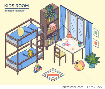 Cartoon Color Kid Room Furniture Setting Concept 3d Isometric View Line Elements. Vector illustration of Bookshelves, Table and Bed 127526222