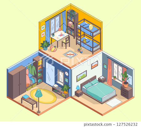 Cartoon Color Duplex Flat Interior Inside Concept Kid Room , Bedroom and Wardrobe 3d Isometric View Line Elements. Vector illustration Cartoon Color Duplex Flat Interior Inside Concept Kid Room , Bedroom and Wardrobe 3d Isometric View Line Elements. Vector illustration 127526232