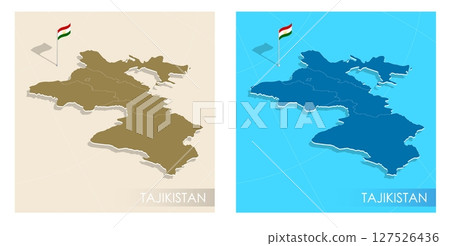 Tajikistan country flag installed on geographic positioning map point of country territory. Tajikistan commonwealth banner on land and sea. Festive patriotic HD format template for independence day 127526436