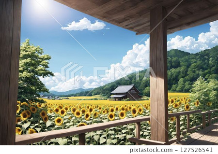從向日葵田望去的夏日白川鄉 127526541