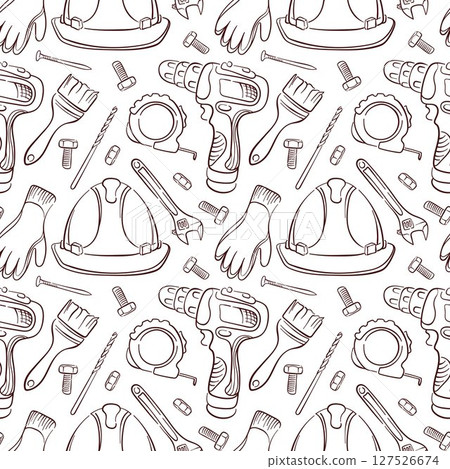 Seamless pattern of line art style construction tool drill, helmet, gloves, wrench, Tape Measure and paint brush. Perfect for building store packaging, repair design. 127526674