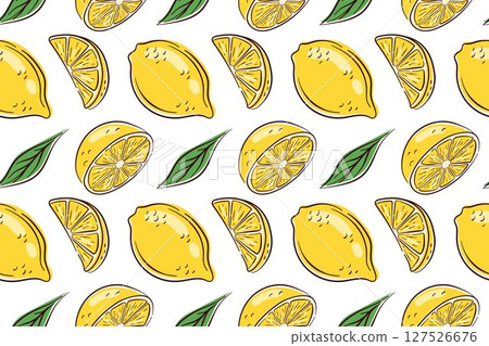 Colorful lemon pattern with bright yellow fruit, green leaves and juicy slice. Seamless background for packaging, textiles, kitchen prints or fresh summer themed design. Colorful lemon pattern with bright yellow fruit, green leaves and juicy slice. Seamless background for packaging, textiles, kitchen prints or fresh summer themed design. 127526676