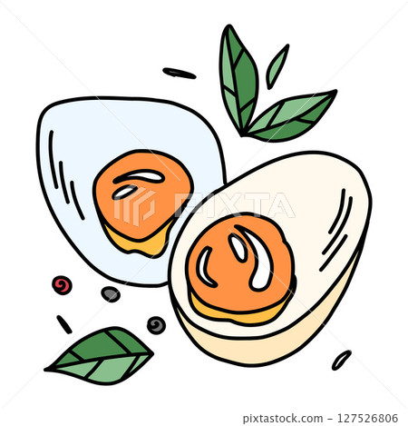 Soft-boiled egg halves with runny yolks in doodle style with herbs and spices Soft-boiled egg halves with runny yolks in doodle style with herbs and spices 127526806