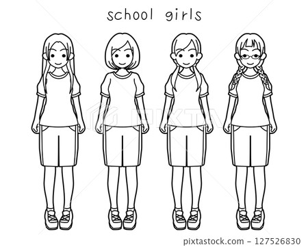 四名身穿運動服的高中女生的線畫 四名身穿運動服的高中女生的線畫 127526830
