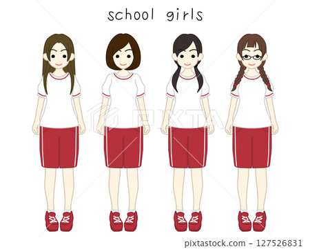 Four high school girls in gym clothes, color Four high school girls in gym clothes, color 127526831