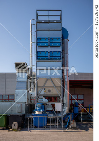 Large outdoor dust extraction system with blue filter boxes and metal ductwork Large outdoor dust extraction system with blue filter boxes and metal ductwork 127526842
