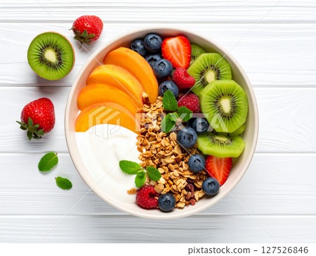 Minimalist vegan breakfast bowls on a white wooden table 127526846