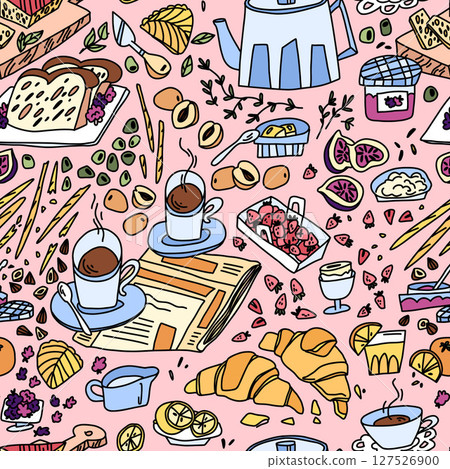 Pattern with french breakfast on soft pink background, buns, berries, coffee and appetizer in doodle Pattern with french breakfast on soft pink background, buns, berries, coffee and appetizer in doodle 127526900
