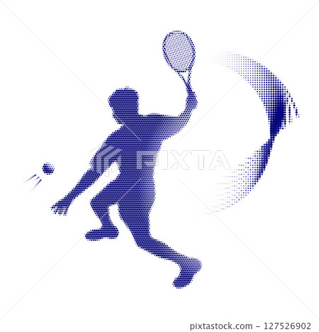 Dynamic Tennis Player Performing a Powerful Serve in Silhouette Style Dynamic Tennis Player Performing a Powerful Serve in Silhouette Style 127526902
