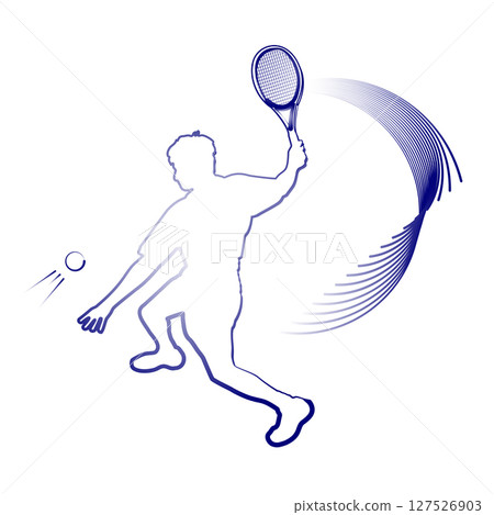 Dynamic Tennis Player Performing a Powerful Serve in Silhouette Style Dynamic Tennis Player Performing a Powerful Serve in Silhouette Style 127526903