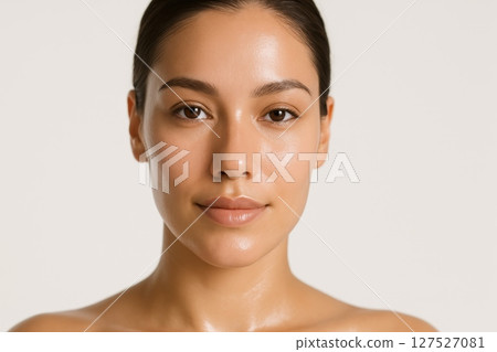 Front portrait of young woman with clean glowing skin looking at camera. Skincare, beauty and wellness concept on white background 127527081