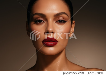 Beauty portrait of woman with glowing skin and red glossy lips looking at camera. Glamour makeup and fashion concept on dark background 127527091