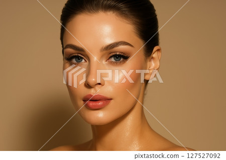 Beauty portrait of woman with glowing skin, eyeliner and nude lips looking at camera. Skincare and fashion makeup concept on beige background 127527092