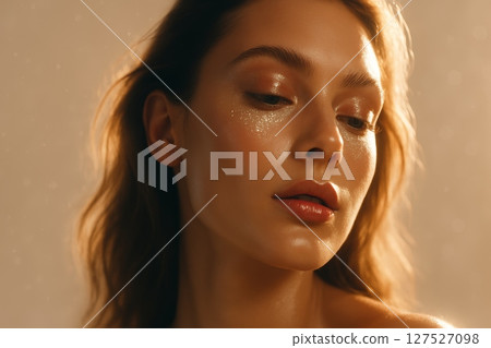 Close-up of woman with glowing skin and glitter eye makeup in soft warm lighting, beauty and skincare concept 127527098