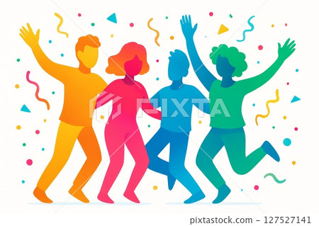 Happy group of diverse people jumping and dancing with raised hands on white background, flat illustration 127527141