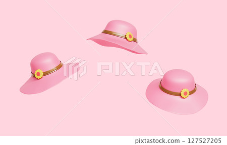 Pink Straw Sun Hat with Floral Decoration. 3D Rendering. Pink Straw Sun Hat with Floral Decoration. 3D Rendering. 127527205