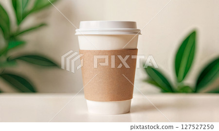 Paper coffee cup stands on table, against neutral background 127527250