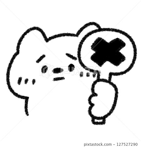 A cute, hand-drawn illustration of a cat with a troubled expression holding a plate with an X mark (monochrome) A cute, hand-drawn illustration of a cat with a troubled expression holding a plate with an X mark (monochrome) 127527290