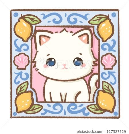 Cute Kawaii White Cat in a southern european Tile Summer Clipart for Amalfi Coast, Travel Art, Stickers, Scrapbooking, Kids Designs, Coastal Holiday Decor Cute Kawaii White Cat in a southern european Tile Summer Clipart for Amalfi Coast, Travel Art, Stickers, Scrapbooking, Kids Designs, Coastal Holiday Decor 127527329