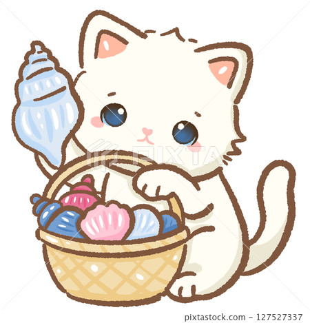 Cute Kawaii White Cat with seashells basket, Italian Summer Beach Clipart for Stickers, Scrapbooking, Travel Art, Kids, Coastal Decor, Amalfi Coast Holiday Design Cute Kawaii White Cat with seashells basket, Italian Summer Beach Clipart for Stickers, Scrapbooking, Travel Art, Kids, Coastal Decor, Amalfi Coast Holiday Design 127527337