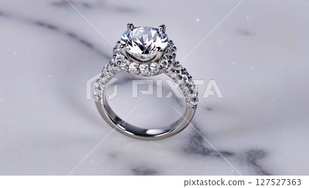 Modern ring featuring brilliant diamond solitaire set in luxurious platinum and adorned with exquisite gemstones. Luxury jewelry at marble background 127527363
