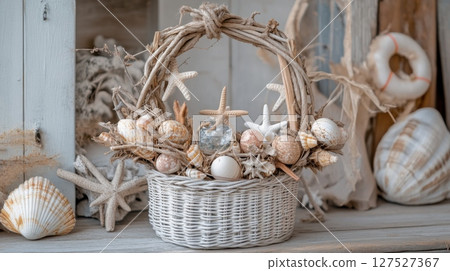 Driftwood seashells basket enhances coastal interior decoration in beach house with natural textures and seaside charm, creating inviting atmosphere 127527367