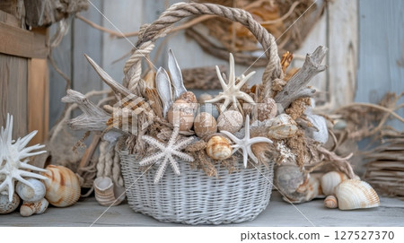 Decorative coastal basket filled with seashells and beach elements showcasing beach house theme in serene seaside setting 127527370