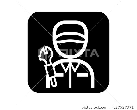 A simple square monochrome outline illustration icon of a mechanic holding a spanner A simple square monochrome outline illustration icon of a mechanic holding a spanner 127527371