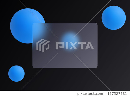 Futuristic dark glass morphism style card design with translucent bank card and vibrant blue 3D spheres. 127527581