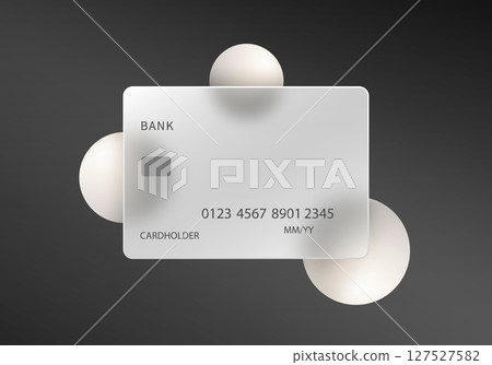 Modern glass credit card mockup with abstract 3D spheres 127527582