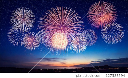 Beautiful image of fireworks shining in the night sky. Margins. 16:9 size. AI-generated material. 127527594