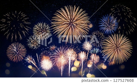 夜空中閃耀的煙火,美不勝收。帶邊距。 16:9 尺寸。 AI 生成素材。 夜空中閃耀的煙火,美不勝收。帶邊距。 16:9 尺寸。 AI 生成素材。 127527608