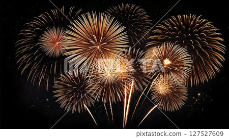 夜空中閃耀的煙火，美不勝收。帶邊距。 16:9 尺寸。 AI 生成素材。 127527609