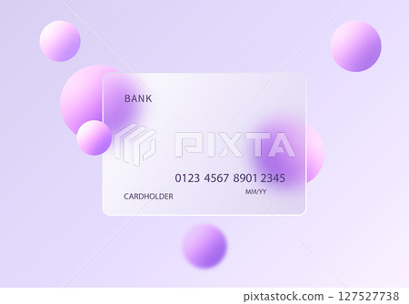 Modern vector credit card in glass morphism style with floating purple and pink spheres on a pastel background. Ideal for digital banking visuals. 127527738