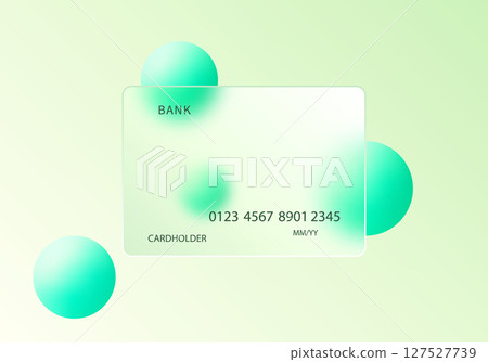 Glass morphism bank card with mint green floating spheres Glass morphism bank card with mint green floating spheres 127527739
