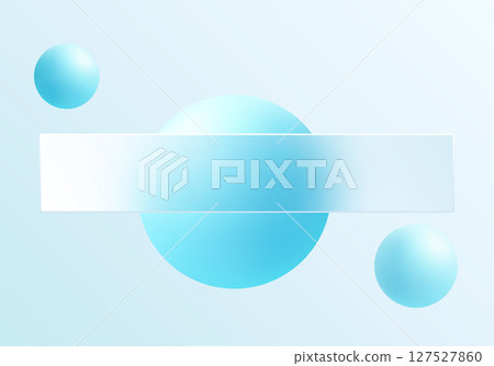 Minimalistic glass morphism banner in soft blue tones with glowing 3D spheres on a light gradient background 127527860