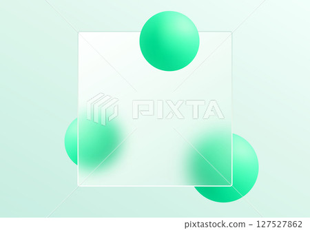 Glass morphism style transparent panel with soft mint green 3D spheres on light gradient background. 127527862