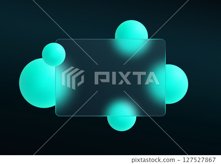 Dark glassmorphism design with bright cyan glowing spheres and a central transparent panel, clean futuristic style Dark glassmorphism design with bright cyan glowing spheres and a central transparent panel, clean futuristic style 127527867