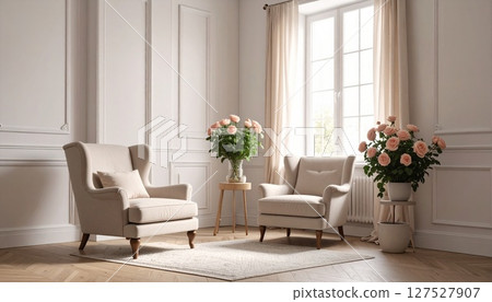 Beautiful bouquet of pink roses in a room 127527907