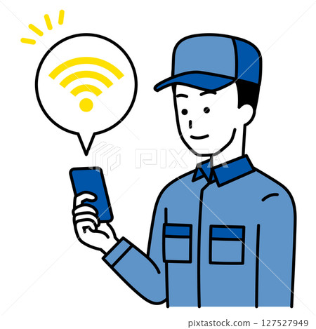 A man in overalls holding a smartphone connected to Wi-Fi 127527949