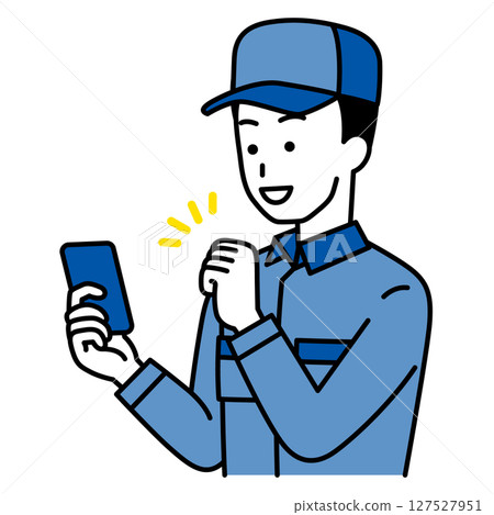 一名身穿工作服的男子一邊看著智慧型手機螢幕,一邊揮拳歡呼 一名身穿工作服的男子一邊看著智慧型手機螢幕,一邊揮拳歡呼 127527951