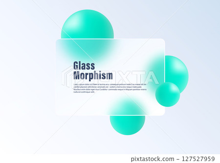 Modern UI panel in glass morphism style with soft turquoise spheres on a light blue gradient background for digital interface design. 127527959