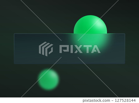 Modern dark interface with glass morphism style panel and bright green glowing spheres on deep gradient background for digital user interface design. 127528144