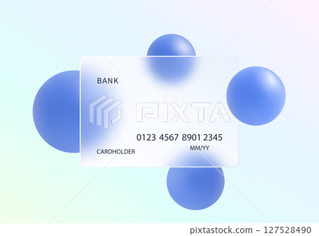White frosted glass credit card with blue 3D spheres on soft pastel gradient background. 127528490