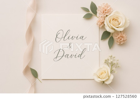 Wedding invitation card with names decorated with roses, carnations, leaves and ribbon on light background 127528560