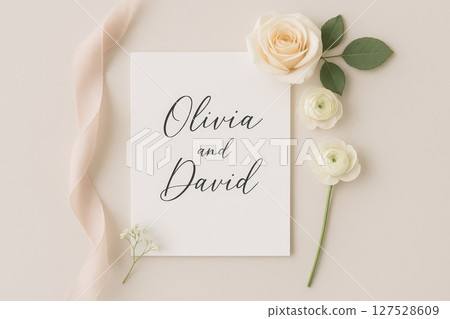 Wedding invitation card with names surrounded by beige rose, ranunculus flowers, ribbon and greenery on neutral background 127528609