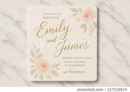 Floral wedding invitation card with names Emily and James, gold lettering, and pastel roses on marble background 127528614